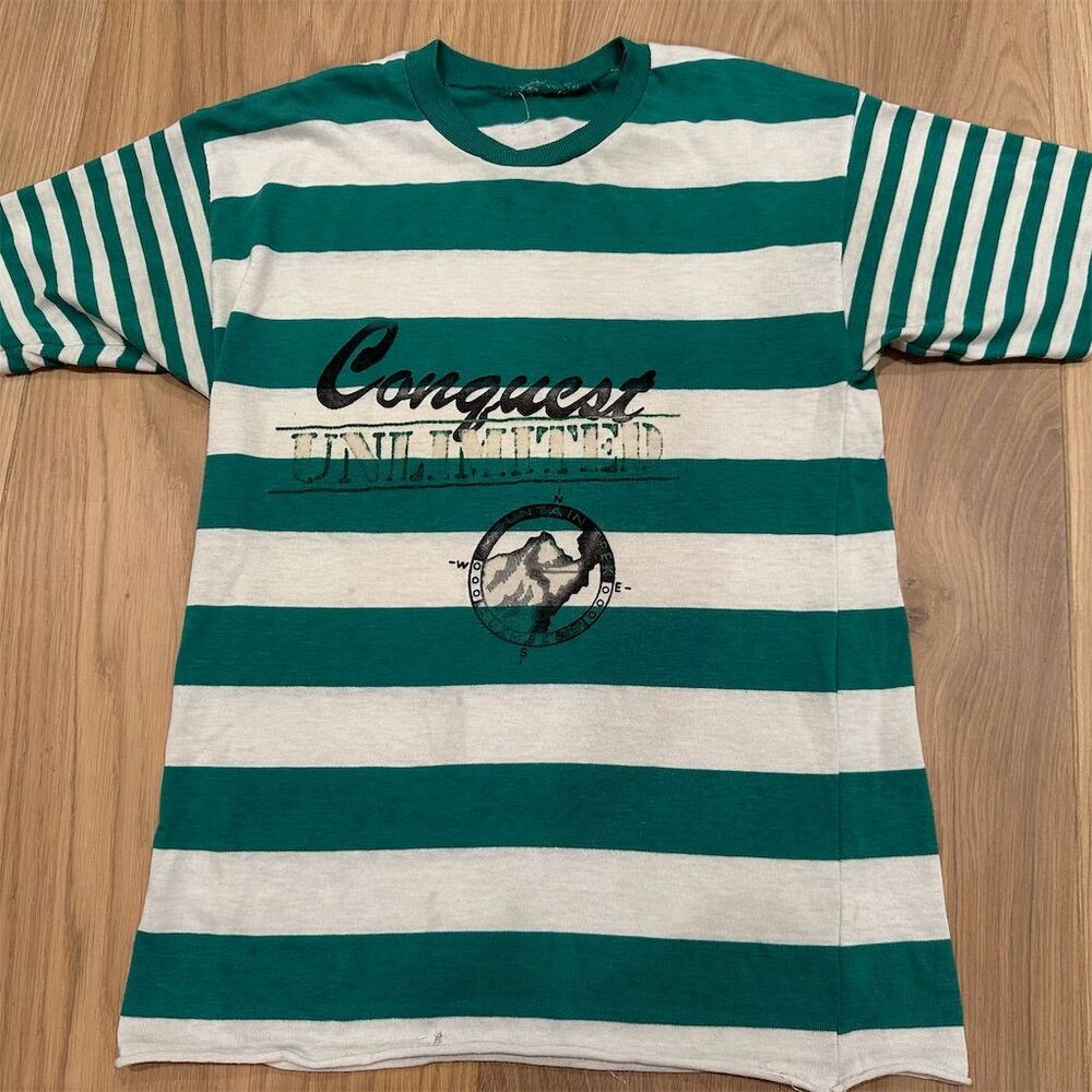 Vintage Green/White Striped T-Shirt M Retro Conquest Unlimited SINGLE STICH